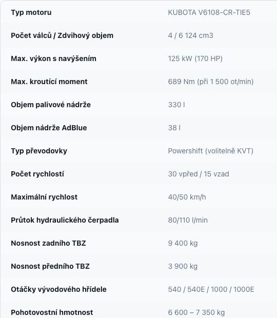 Tabulka technických specifikací traktoru Kubota M7153 vyplněná AI